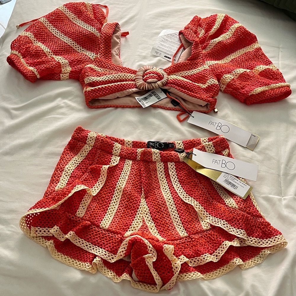 PatBo orange stripes crochet ruffle hem shorts 8 - Picture 3 of 5
